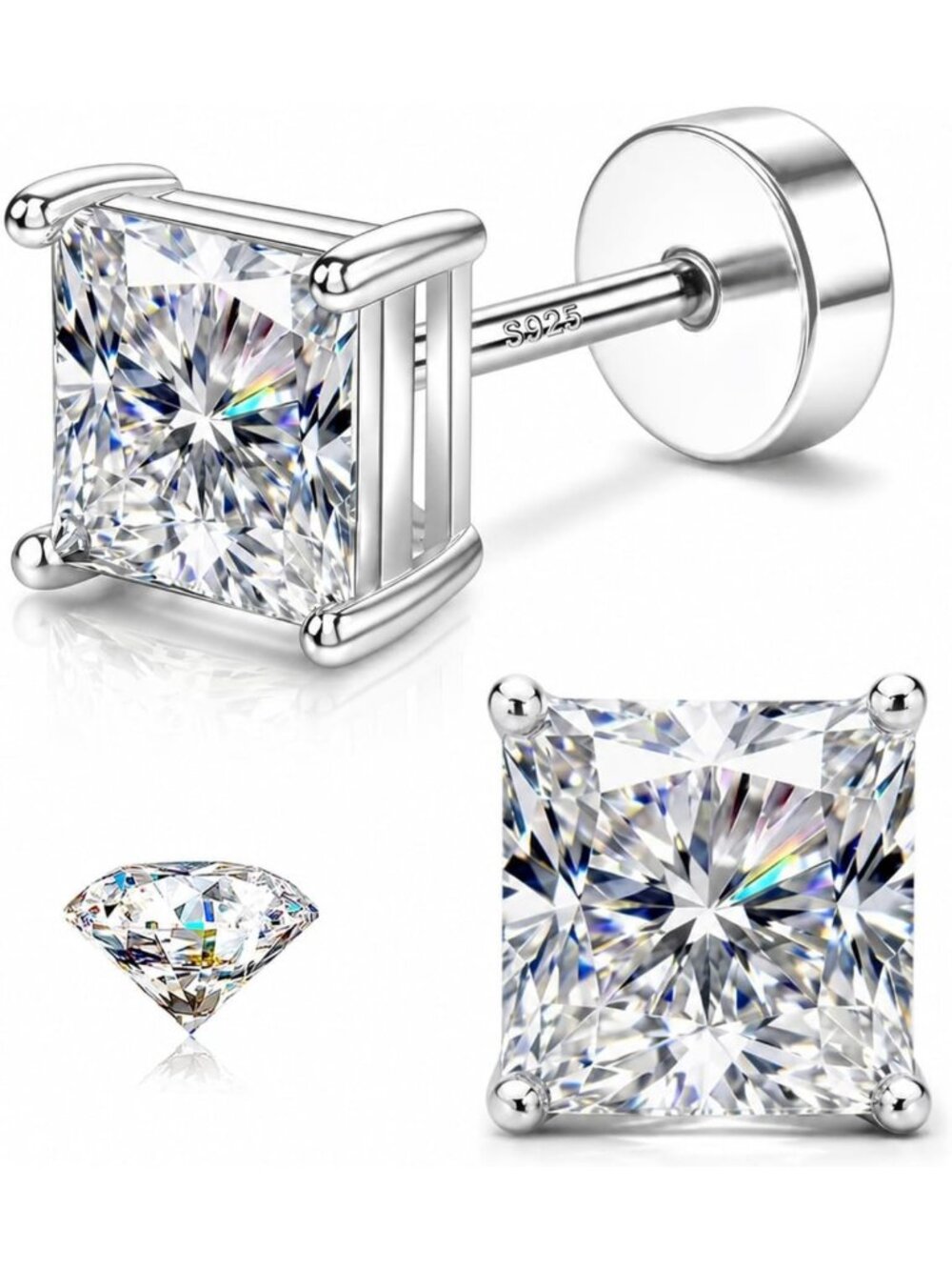 Sterling Silver Square Diamond Stud Earrings for Men & Women (3-8MM) - Elegant